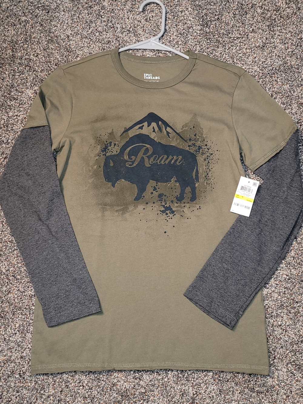 NWT Epic Threads Boys Bison "Roam" Olive Green Tee Gray Layered Navy Sleeves